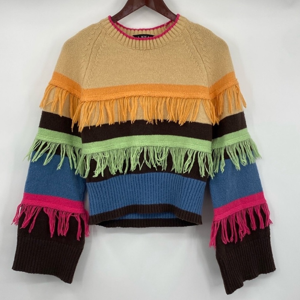 J.‎ NNa Fringe Cropped Pullover Sweater Womens Sz Small Orange Blue Colorblock